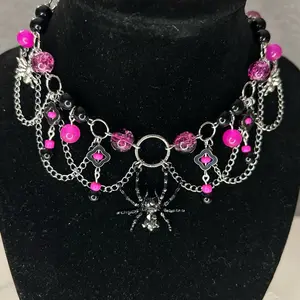 Black and Pink Gothic Choker with Spiders, Chains, and Chrome