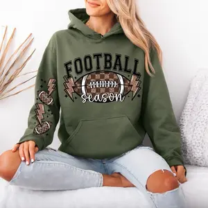 Football Season Gildan hooded Sweatshirt with Sleeve design unisex sizing womenswear comfortable soft Casual Pullover Tops Fabric Pocket Mint Green Green Spandex Cotton Fit