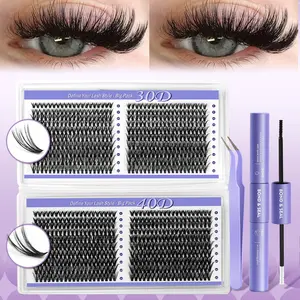 Lash Cluster Kit 800pcs 30D+40D Fluffy Volume Eyelashes Lightweight Reusable Thin Band Soft Comfortable Wear with Bond And Seal Tweezers Suitable for Prom Night Party Makeup Daily Wear and All Occasions