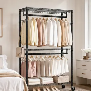 ARCH Heavy Duty Rolling Garment Rack 3-Tier Adjustable Wire Shelving Clothes Rack with 2 Hanging Rods and Side Hooks, Carbon Steel Storage Organizer with Lockable Wheels for Bedroom Closet Laundry Room, Black 15.7" D x 29.5" W x 74.5" H
