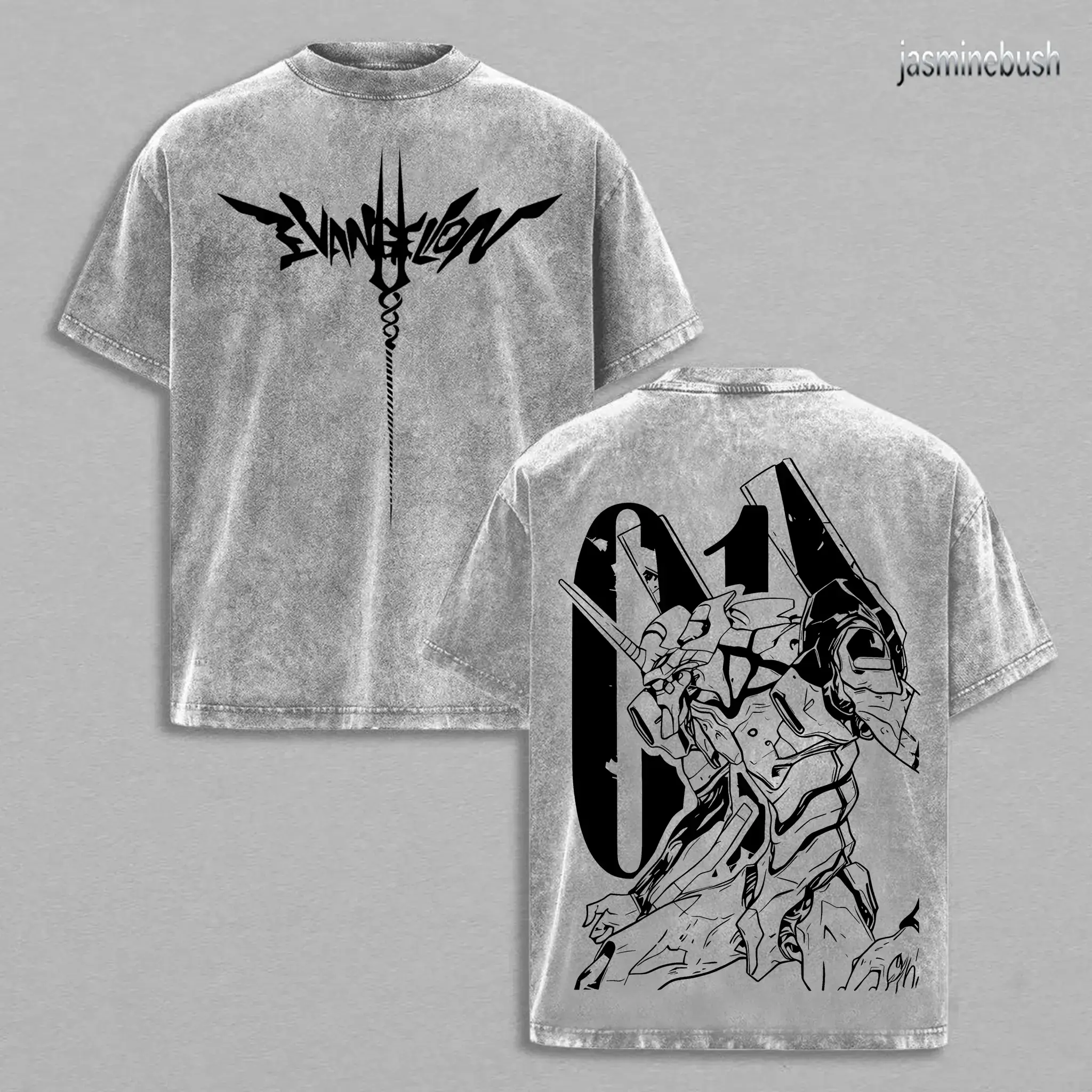 Vintage Acid Wash T-Shirt, Oversized 90s Mecha Anime Graphic Tee for Men, Heavy Cotton Streetwear, Short Sleeve Crew Neck, Tshirt, Shortsleeve, Sportswear, Round Neck, Menswear, Eva Anime Graphic Men's Short-Sleeve T-Shirts, Neon Genesis Evangelion Graphi