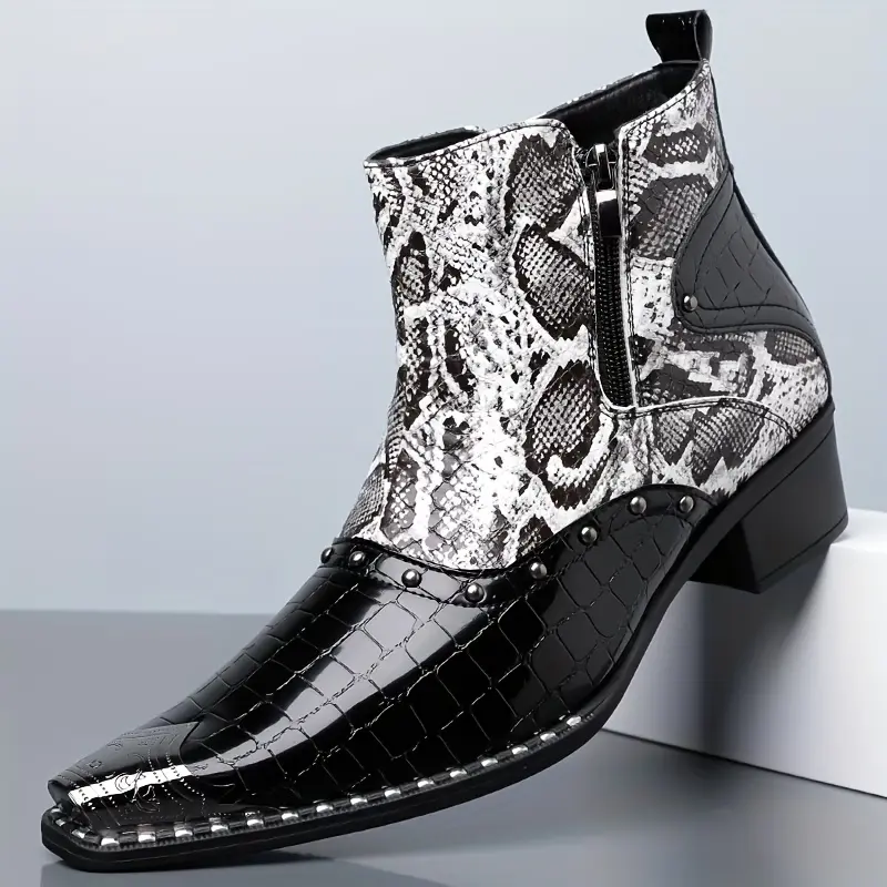 Men's Cowboy Boots Western Style Pointed Toe Fashion Combat Boots Glossy Crocodile Pattern Ankle Boots