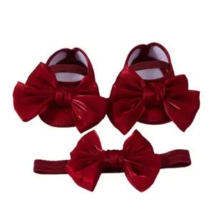 Meihuida Baby Girls Baptism Shoes and Headband Shiny Bowknot Mary Jane Flats and Hairband Set 0-12M