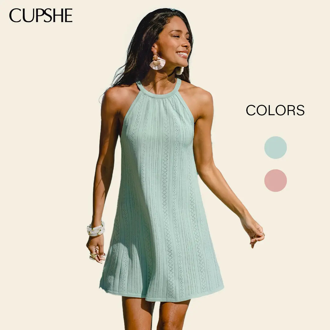 CUPSHE Women's Mini Dress - Sleeveless Halter Neck Eyelet Knit Dress, Flowy A Line Short Sundress for Summer Beach Vacation, Resort Wear Outfit, Casual Holiday and Weekend Look