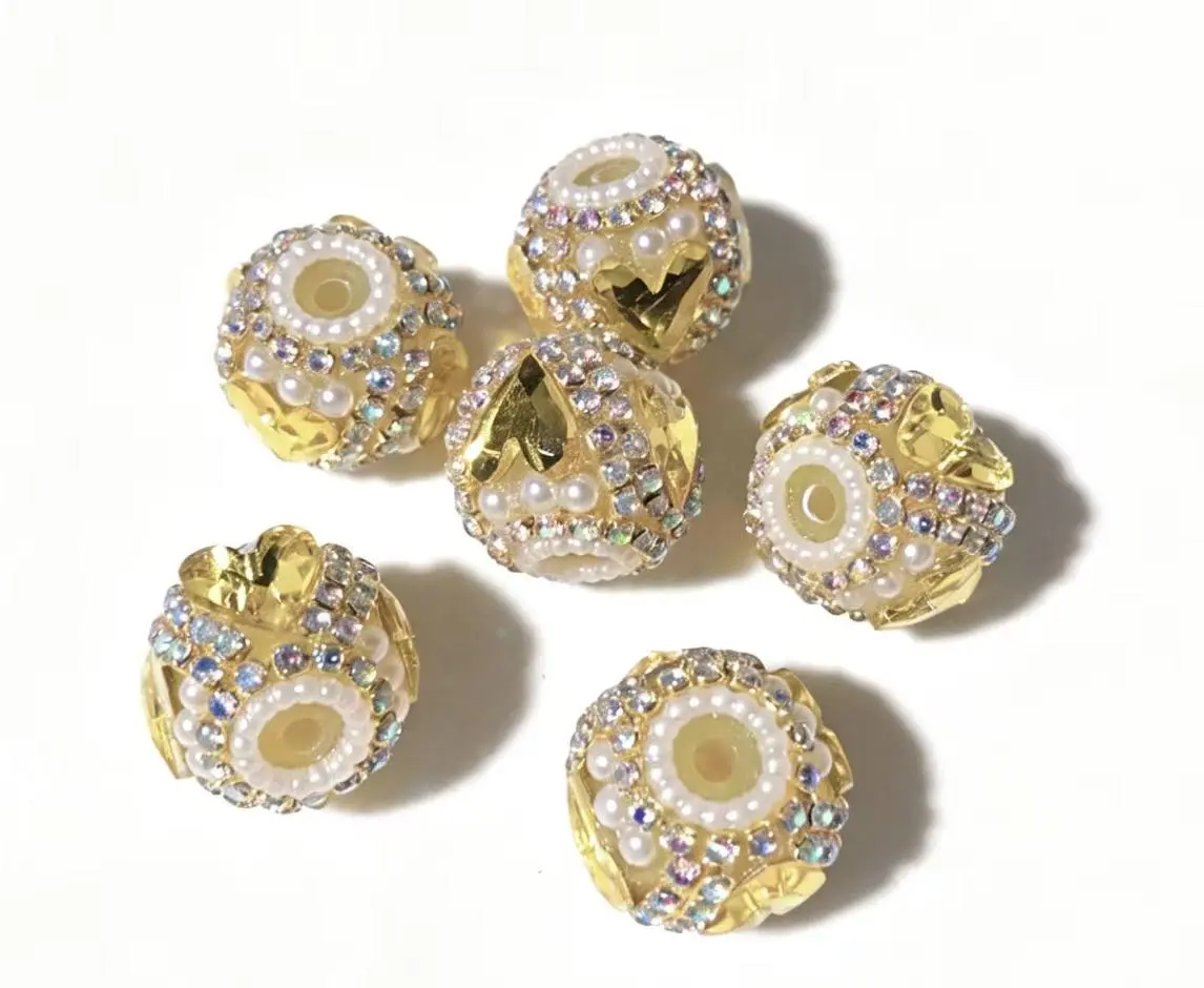 (NO.148)6pcs 18mm Gold Frame Gold Metallic Heart Rhinestone Pearl Ball Beads, Fashion Accessory Beads for Costume Jewelry & Keychains