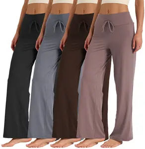 4 Pack Women's Wide Leg Pants - Soft High Waist Pajamas, Elastic Waistband Flowy Casual Basic Palazzo Pants for Home, Travel & Daily Comfort Womenswear