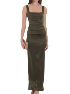 Lucy In The Sky Satin Bodycon Maxi Dress in Olive Green