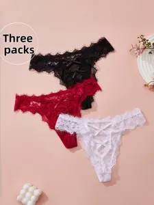 3-Pack Lace Thong Panties, Sexy Transparent Low Waist T-Style Underwear, European Style Strap Design for Women, Elegant, Chic