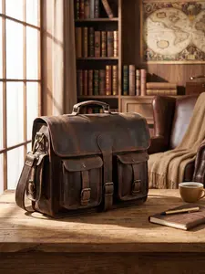 Leather Briefcase Work Bag for Men Women Dark Brown Crossbody Genuine Leather Satchel Office Bag for Men Women 18 Inch Computer Travel Messenger Laptop Shoulder Bag Cureo