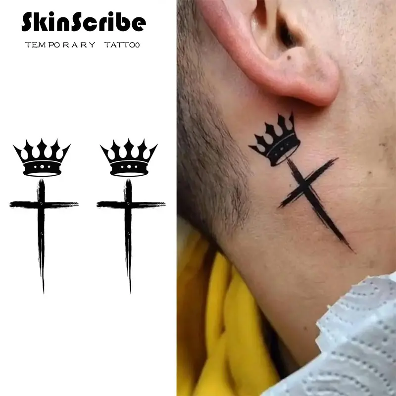 Minimalist style Tattoo Tech Cross Series Crown Temporary Tattoos 2 Sheets Semi-Permanent Waterproof Realistic Look for Men and Women Ideal for Swimming Party Versatile Use - Temporary tattoo
