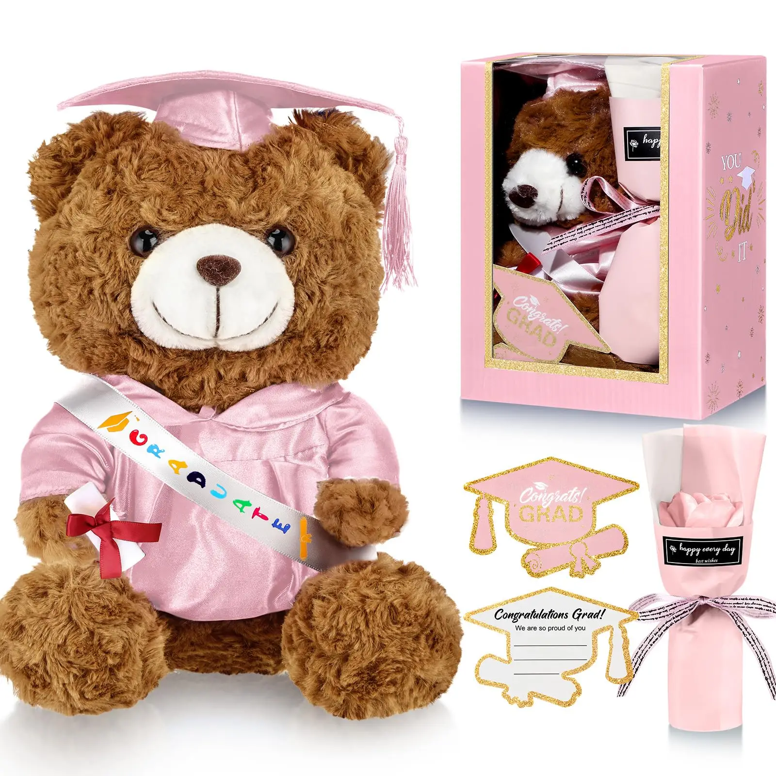 Graduation Bear Gifts Set Include Stuffed Animal Bear with Gown Cap Tassel Class of 2025 Grad Card Soap Artificial Flower Box with Graduation Gift for