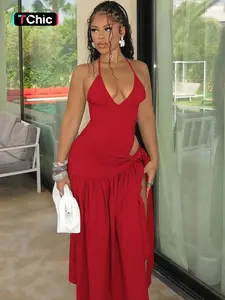 Women's Two-piece Set, Chic Skirt Sets, Solid Color V Tie Neck Halter Bodysuit Top, Bodycon Knotted Side Split Skirt, Sexy Backless Sleeveless Bodysuit with Ruched Slit Midi Skirt, Ladies Summer Outfits for Party Daily