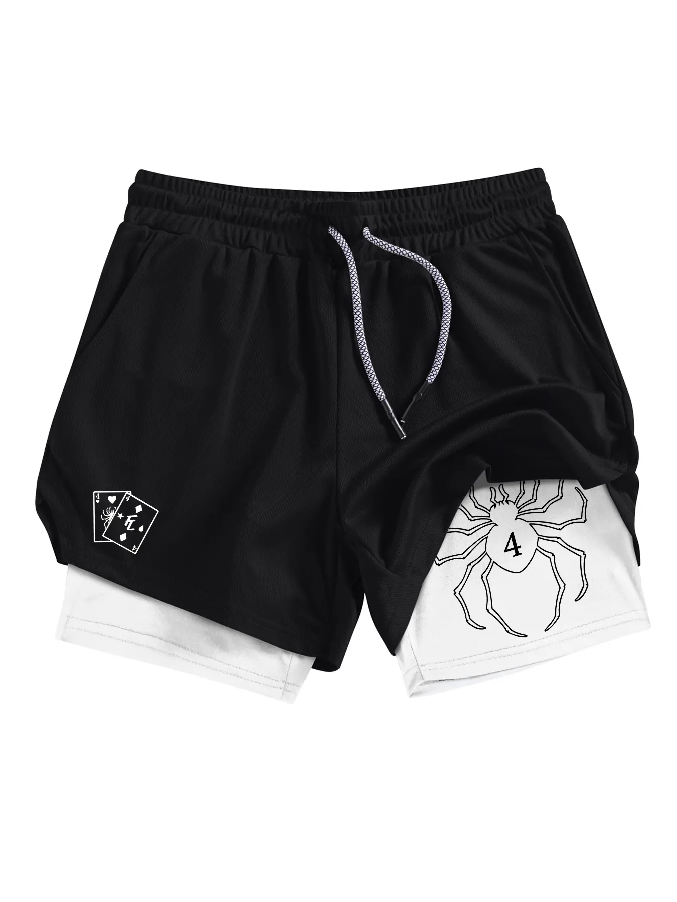 Men's Spider Print 2-in-1 Gym Performance Shorts, Summer Breathable Quick Drying Sporty Shorts, Gym Workout Running Shorts with Phone Pocket Zipper Pocket Towel Loop