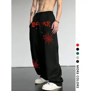 Men's Casual Loose-Fit Jogger Pants, Spider Web Print Drawstring Waistband, All-Season Comfortable Fabric for Everyday Wear
