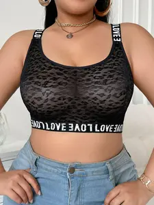 Women's Plus-Size Black Leopard-Print Lace Bra — Crisscross Back Straps, Wire-Free, Push-Up, and Comfortable Lingerie (Single Item)