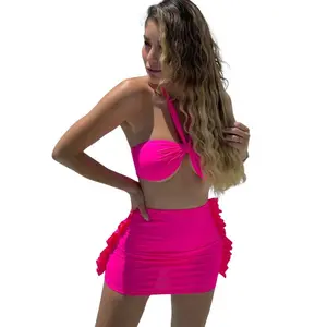 Neon Pink & Yellow 3 Piece Bikini & Coverup Set for Women