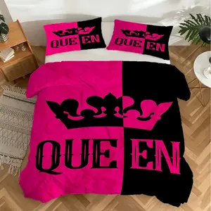 Modern Minimalist Queen Crown Graphic Print Duvet Cover Set, Bold Magenta and Black Color Block Bedding Set for Contemporary Bedroom Decor, Soft and Breathable Quilt Cover Set, Stylish Room Makeover Bedding Collection (1/2* Pillowcases, No Filling）