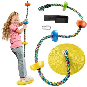 Tree Swing for Kids - Single Disc Seat and Rainbow Climbing Rope Set w/Carabiner and 2.6 Foot Strap - Treehouse and Outdoor Playground Accessories - Yellow