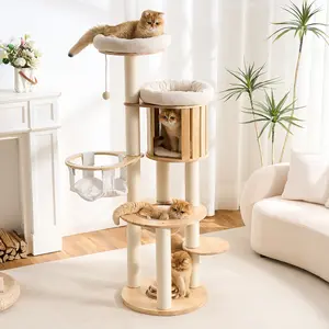 Wood Modern Cat Tree, 61.5" Cat Tower with Sisal Scratching Posts, Cat Condo, Capsule,Hamnock and Spinner Toy, Solid Wooden Aesthetic Multi-Level Cat Climbing Tree for Adult Indoor Cats-White