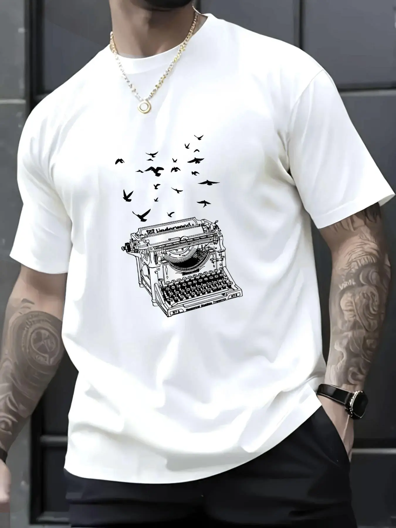 100% Cotton Unisex Typewriter Flock Of Birds Freedom Of Speech Humor Novelty T-Shirt,spring/autumn Christmas snowflake fun pattern men's T-shirt