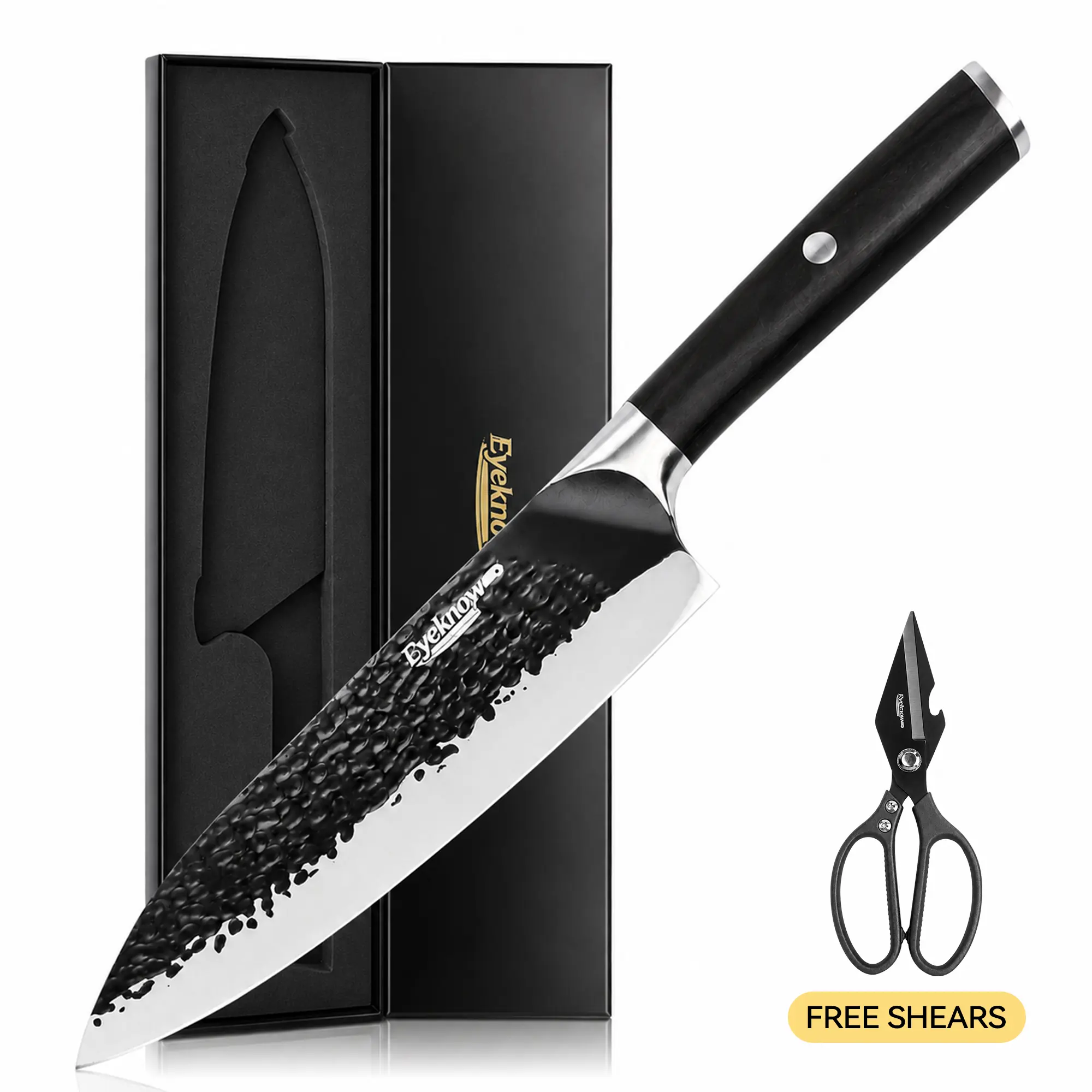 EyeKnow Signature Series 8" Chef Knife - Free Kitchen Shears Gift Set, Ultra Sharp Rust-Resistant High-Carbon Stainless Steel Cooking Knives, Ergonomic Wood Handle for Cutting Kitchenware,familyfun