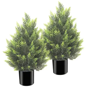 2 Packs 2FT Artificial Topiary Tree with Planter, Faux Cedar Pine Potted Plant, Lifelike Fake Shrub for Home Office Desk Shelf Indoor Outdoor Decor - No Maintenance