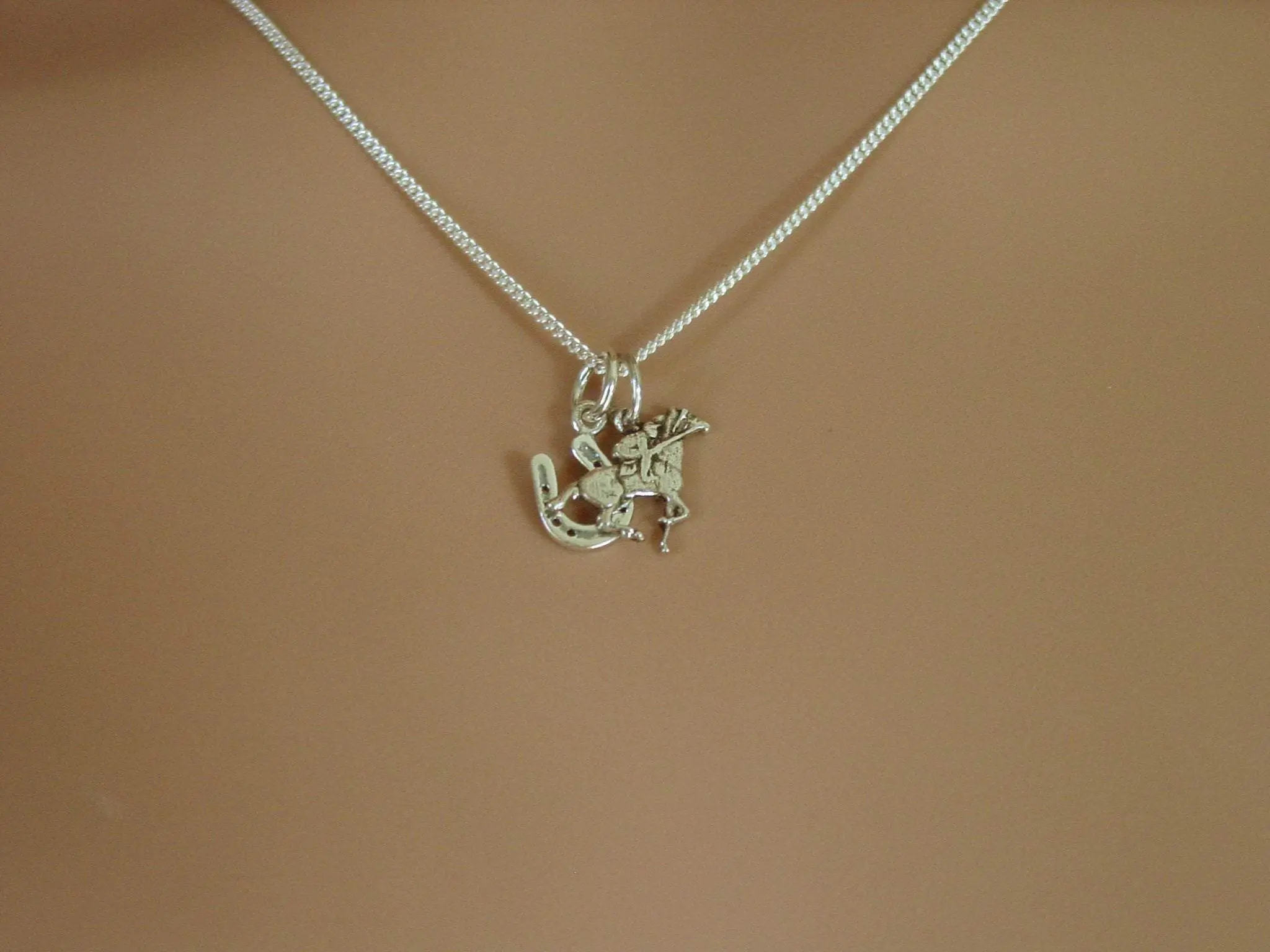 Horse Racing and Horseshoe Charms Pendant with Chain, Equestrian Jewelry #P214