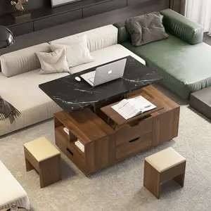 Modern Lift-Up Coffee Table with 2 Stools Set for Living Room Expandable Hidden Storage + Drawers Space Saving Folding Dining Table