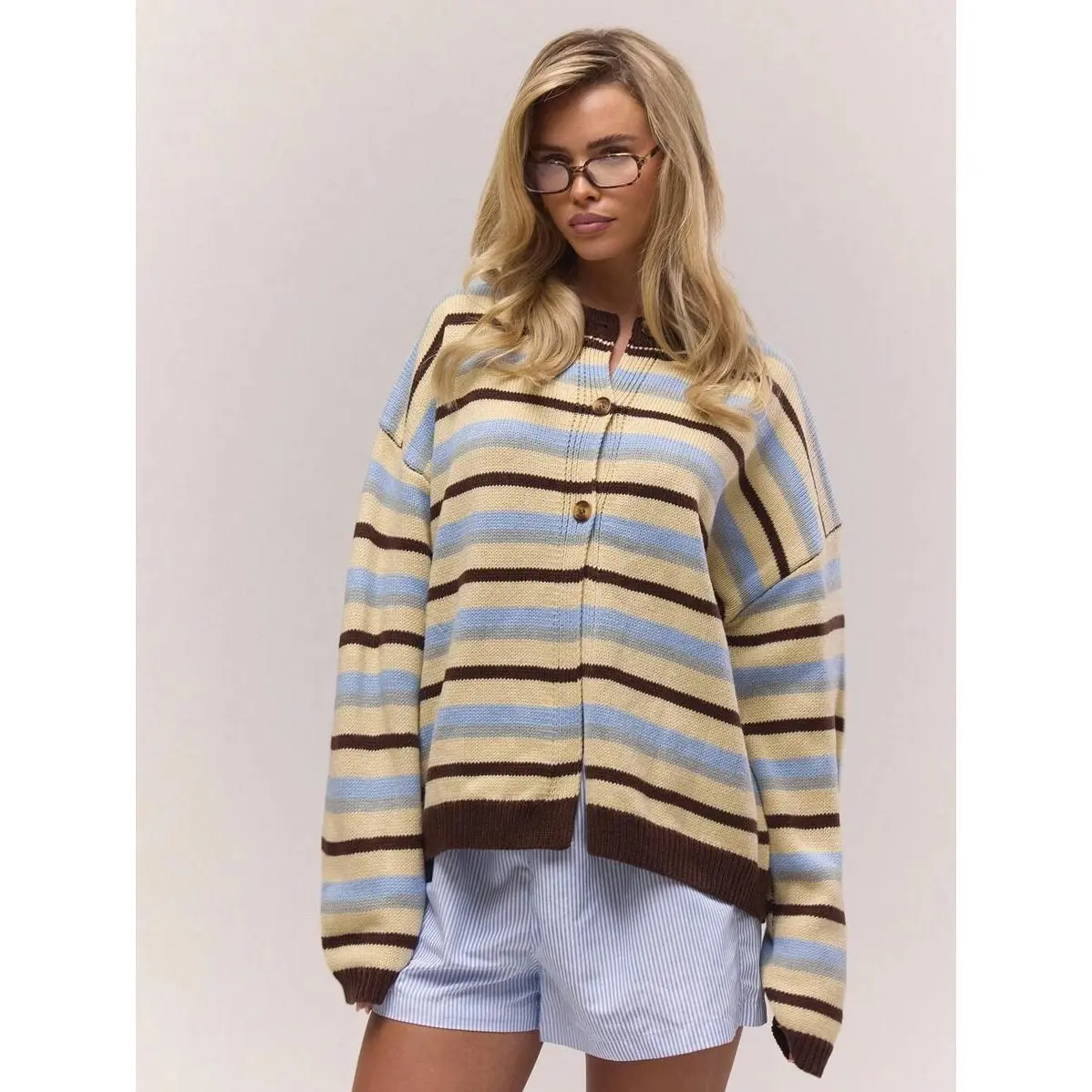 Oversized Button Through Drop Shoulder Knitted Stripe Jumper Fall, Autumn, Old Money, Cute, Country, Cottage Core, Casual Lounge Cardigan For Women Butterscotch Christmas Work Office