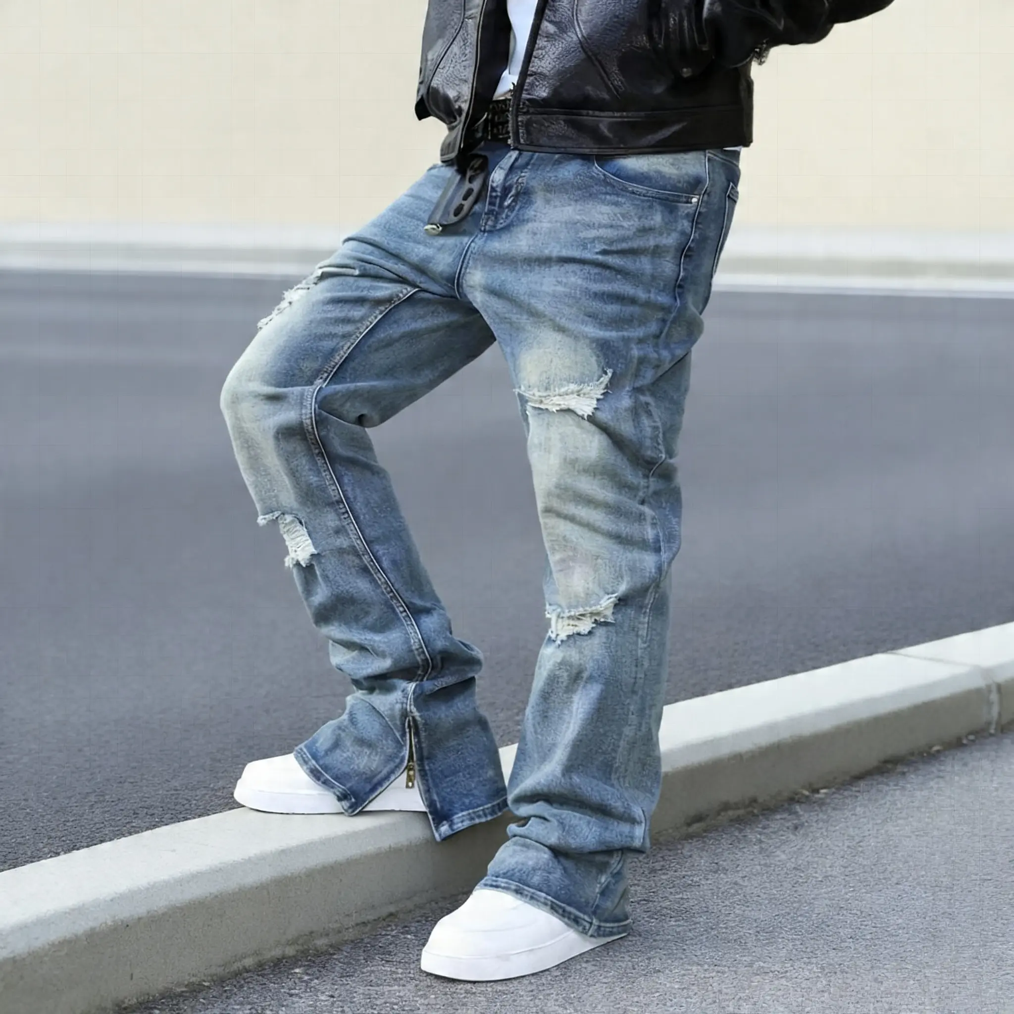 Men's Mid-Rise Straight-Leg Denim Jeans Menswear, Streetwear, Stretch Blend, Distressed Ripped Details, Leg Zipper, Durable Fabric, Comfortable, Versatile, All Seasons, Suitable for Trendy Outfits classic design