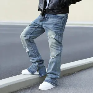 Men's Mid-Rise Straight-Leg Denim Jeans - Menswear, Streetwear, Stretch Blend, Distressed Ripped Details, Leg Zipper, Durable Fabric, Comfortable, Versatile, All Seasons, Suitable for Trendy Outfits