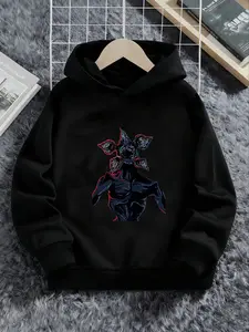 New Spring And Autumn Children's Clothing, Boys And Girls' Creative Hooded Sweatshirts And Pullovers, Gothic Graphic Hoodie, Stranger Things Sketch-Style Demogorgon Print Tops, Trendy, Casual Daily Wear Versatile Suitable Occasions, Ideal Gift Choice