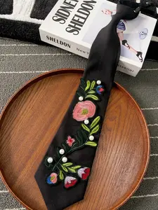 Women's Embroidered Floral Pearl Decor Long Tie, Floral Embroidery Tie, Elegant Matte Polyester Fabric, Adjustable Metal Buckle, Party & Evening Wear