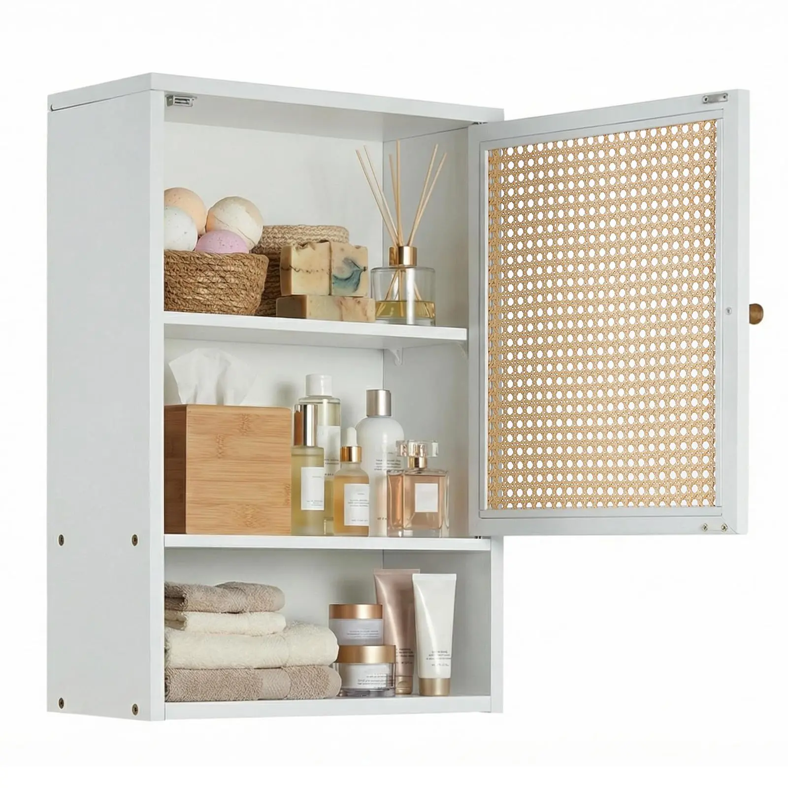 Garvee Bathroom Wall Cabinet with Wood Rattan Storage, 3-Tier Shelves and Doors, 16x8x24 Inch Medicine Cabinet, Holds 33lbs, Ideal for Bathroom, Laundry Room, and Small Spaces, White Finish