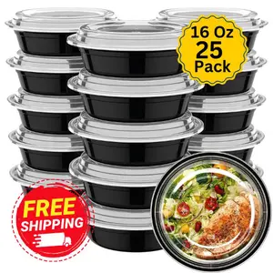 [25  Pack] 16 Oz Round PP Black Container | Plastic Food Containers with Lid | Microwavable | Disposable Food Containers | To Go Food Container | Take Out Food Containers