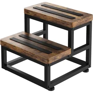 2 Step Wooden Step Stools for Adults , Heavy Duty Stepping Stools Wooden Bed Step Stools for High Beds, Non-Slip 2 Bedside Foot Stool with 500 Lbs Capacity, Kitchen, Bed, RVS Step, Rustic Brown