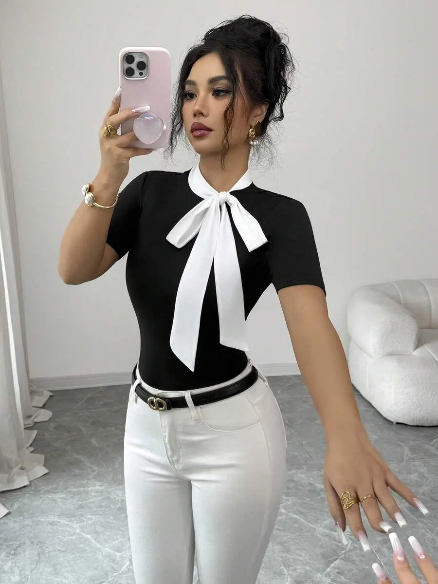 Women's Elegant Fitted Black And White Contrast Collar Bow Tie Neck Short Sleeve T-Shirt Top,Perfect For Office,Parties,Dates,Graduation And Summer