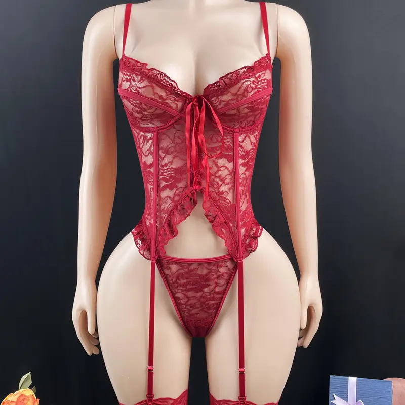 Women's S-XL Plant Print Frill Lace Bodysuit - Women's Clothes Sexy Teddy Lingerie, Deep V-Neck Cut, Front Strap Detail, Soft Fabric, Lace Trim, Non-Dry-Cleanable