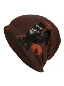 Biihudu Men's Novelty Beanie, Fashionable Smoking Gorilla Print, Knitted Polyester & Spandex, Unisex No-Brim Cap, Casual Spor