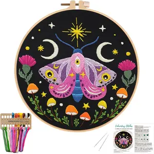 Moth Embroidery Kit for Beginners -Easy  Stitch Kits- Complete Embroidery Starter Set with Hoop, Pre-Printed Fabric, Threads &