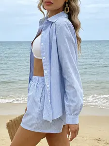 Women's Fashion Blue Striped Casual Sport Long Sleeve Button Front Shirt Shorts Set Lady, Relaxed Fit Outdoor Daily Wear Womenswear