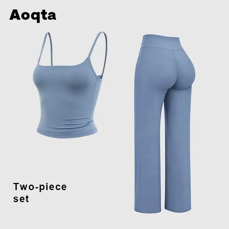 Aoqta women’s 2-piece stretchy suit set: spaghetti-strap backless cami top and high-waisted flared pants; slim-fit butt-lift yoga workout activewear; athleisure wear for gym and streetwear