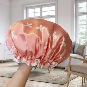 Double-layer floral pattern shower cap - Elastic adjustable hair net, reusable polyester material, unisex for daily home use, durable bathing cap, Shower Essentials, Bathroom Accessory
