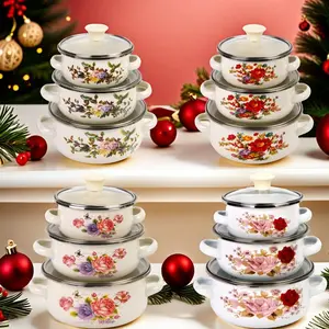 Mini Enamel Soup Pot Set 12cm/14cm/16cm, Elegant Bird Flower Pattern, Home Cooking & Food Storage, Suitable for Gas Stove & Induction Cooktop
