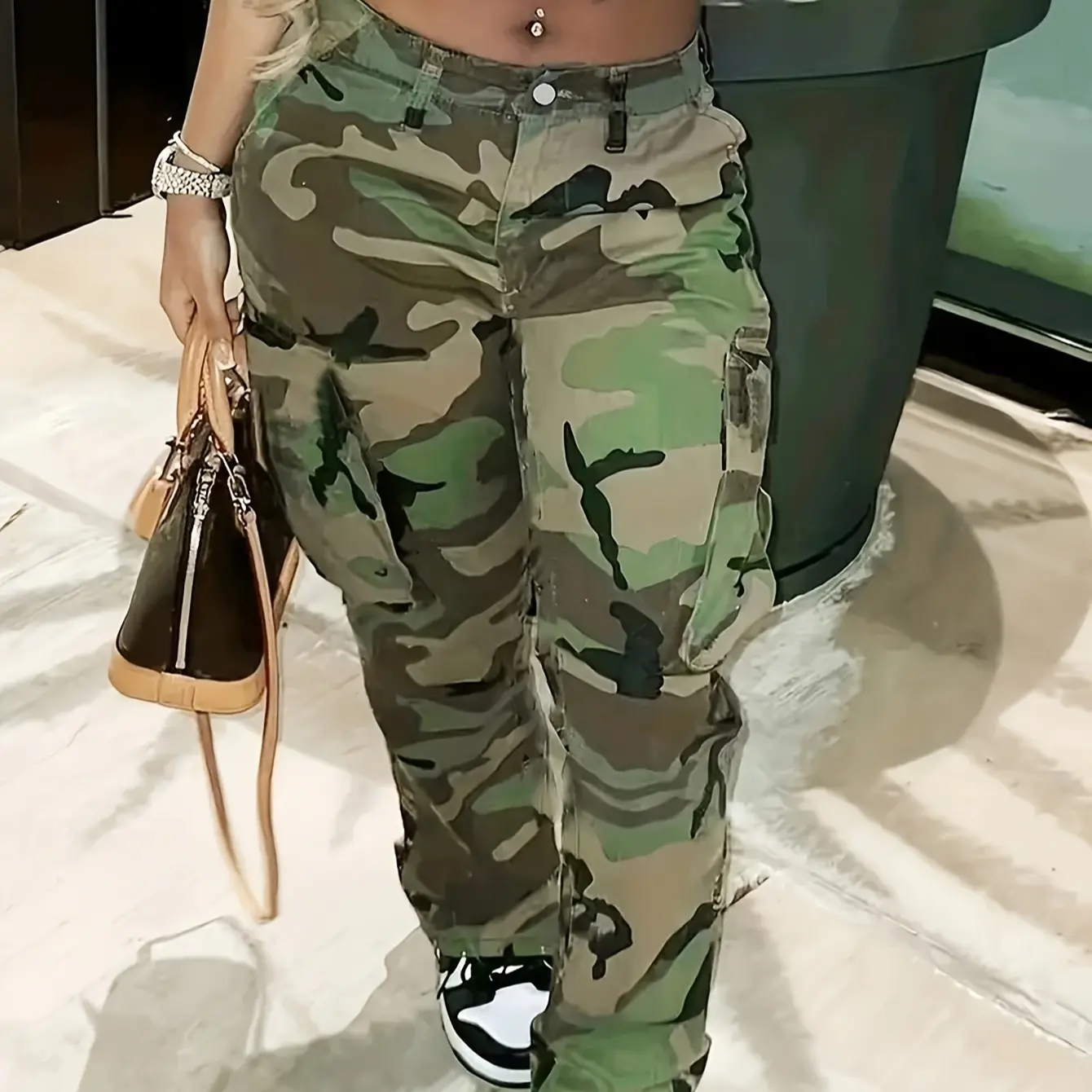 Trending Now: Camo Jeans for the Modern Woman, Straight from the Streets of LA! ️jeans for curvy woman,Women's Camo Cargo Denim Jeans - High-Rise, Loose Fit with Multi-Pockets, Elastic Waistband for Slimming Effect, Street Style Fashion,