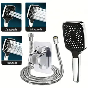 3-Piece Square Handheld Shower Head Set, 3 Spray Modes, Rainfall, Strong, Mixed, Matte, Water-Saving, Wall-Mounted, Bathroom Installation