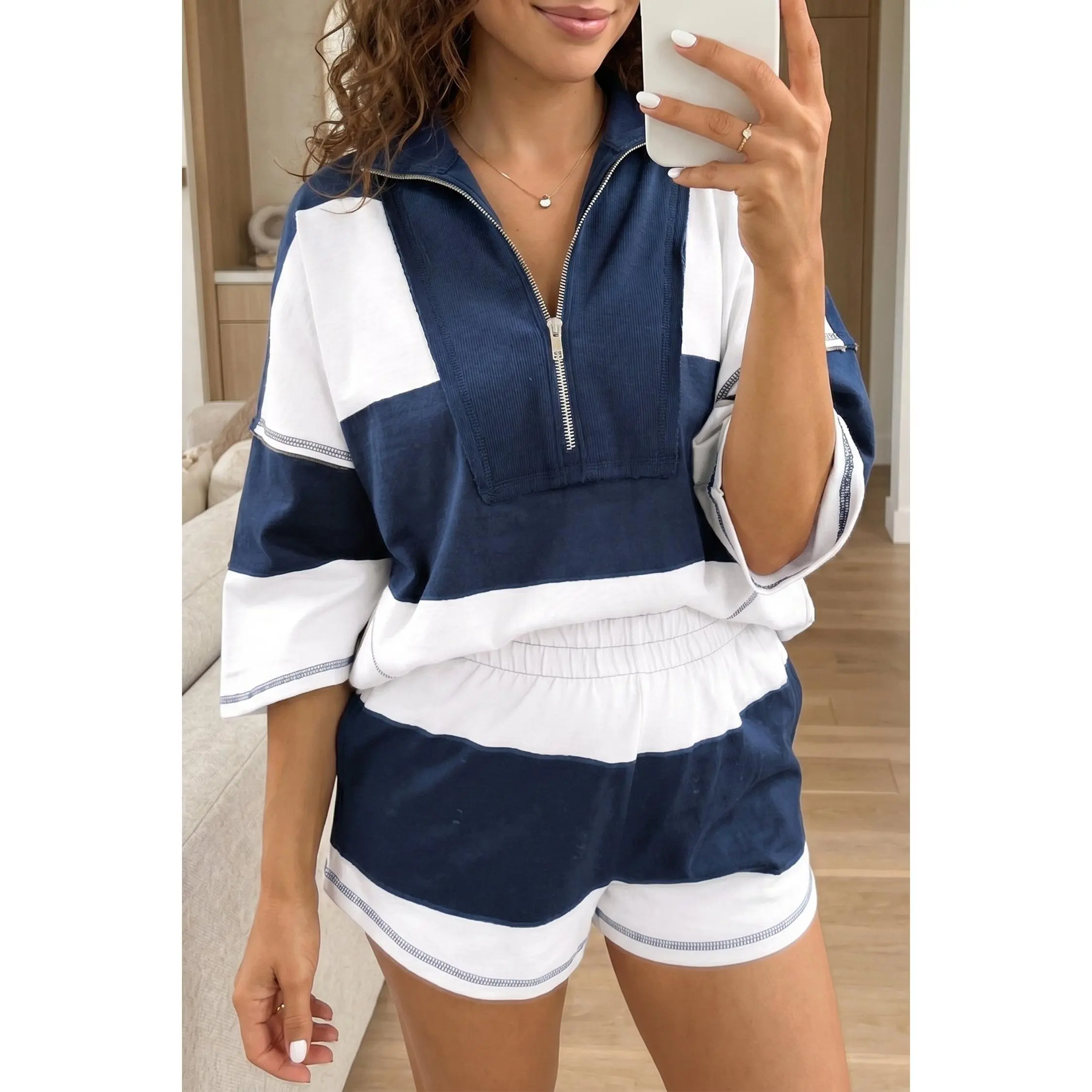 Prussian Blue Exposed Seam Detail Half Sleeve Top Elastic Waist Shorts 2pcs Set