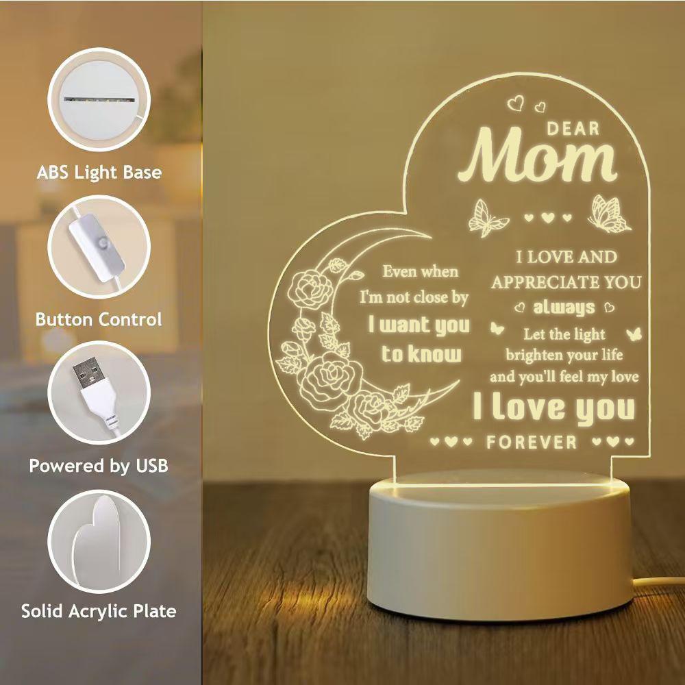Dear Mom Night Light, 2D Acrylic Heart Shaped Rose Butterfly Lamp, Personalized Gift for Mom, Warm White LED Desk Lamp, Mother's Day Birthday Christmas Thanksgiving Gift for Mom, USB Powered Night Light