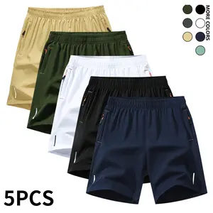 5-piece set, men's zipper pocket shorts, summer ice silk beach shorts, ice-sense quick-dry sports casual pants, basketball shorts thin, plus-size men's clothing reflective strip design, Menswear，Plain Trouser，suitable for running and fitness.