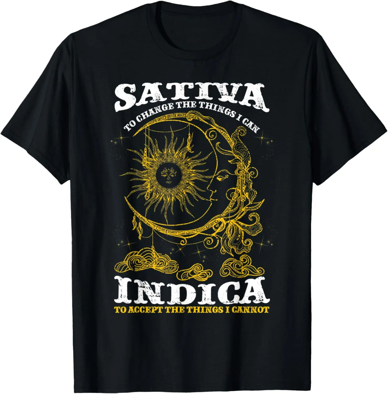 Vintage Graphic T-Shirt for Women, Funny Sativa Indica Cannabis Quote, 100% Cotton Top for Everyday Wear, Tshirt, Casual, Streetwear, Cannabis-Themed Graphic Women's T-Shirts, Shortsleeve, Distressed Look
